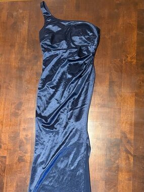 One-Shoulder Navy Blue Satin Maxi Dress
